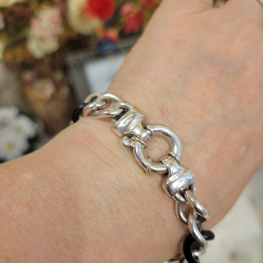 HEAVY STERLING SILVER 925 BRACELET 7.75" BLACK STONE 21.6G AMAZING VTG CI SIGNED - Picture 5 of 14